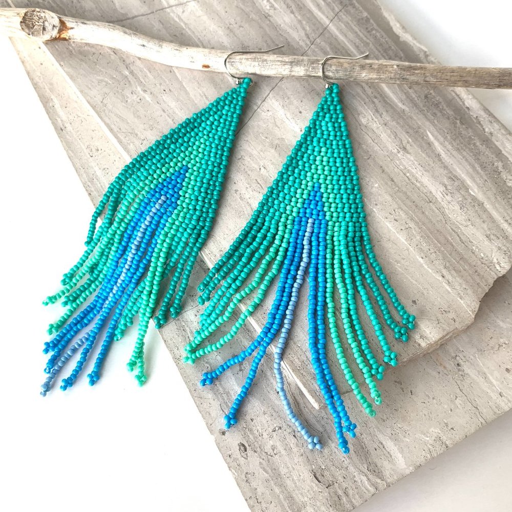 NEW~ Free People Turquoise Ombré Beaded Tassel Earrings - Picture 5 of 6